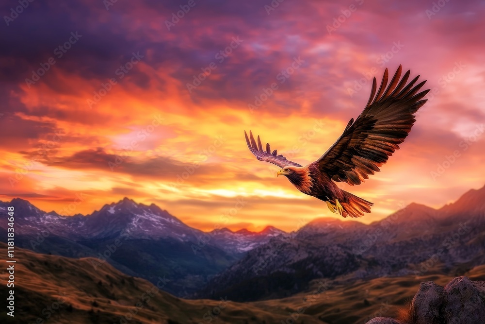 Obraz premium Stunning Gryphon Soars Through a Colorful Sky with Golden Feathers and Sharp Talons, Capturing the Essence of Fierce Majestic Creatures at Sunset
