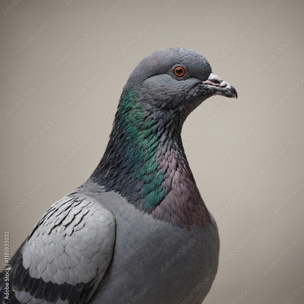 Fototapeta premium A pigeon with steely gray feathers, clean neutral background.