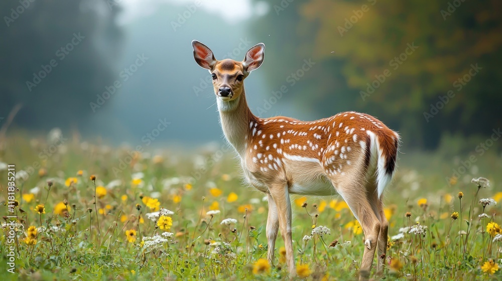 A graceful deer standing in a misty meadow A graceful deer standing in a misty meadow