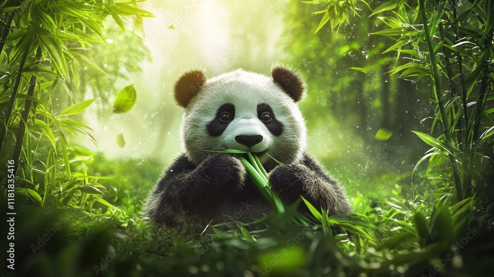 A serene panda eating bamboo in a lush green environment A serene panda eating bamboo in a lush green environment