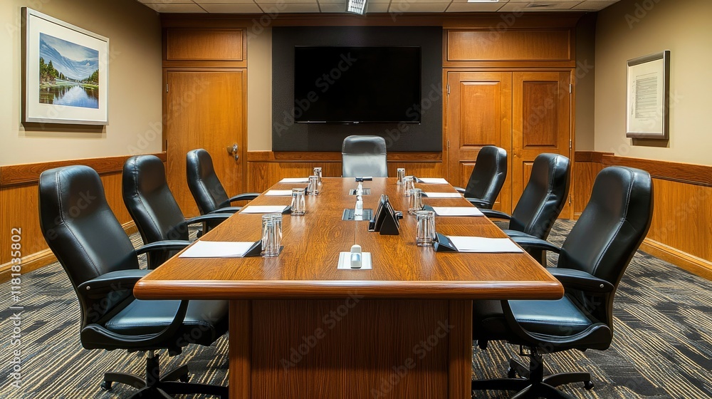 A spacious boardroom with high-tech equipment and a blend of wood and metal design elements A spacious boardroom with high-tech equipment and a blend of wood and metal design elements