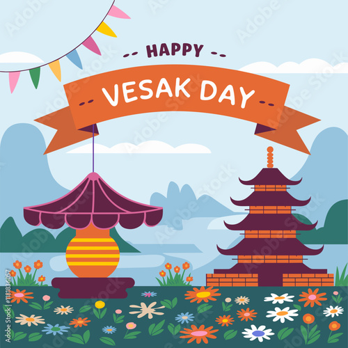 Vesak Day Celebration with Pagoda, Lantern, and Flowers