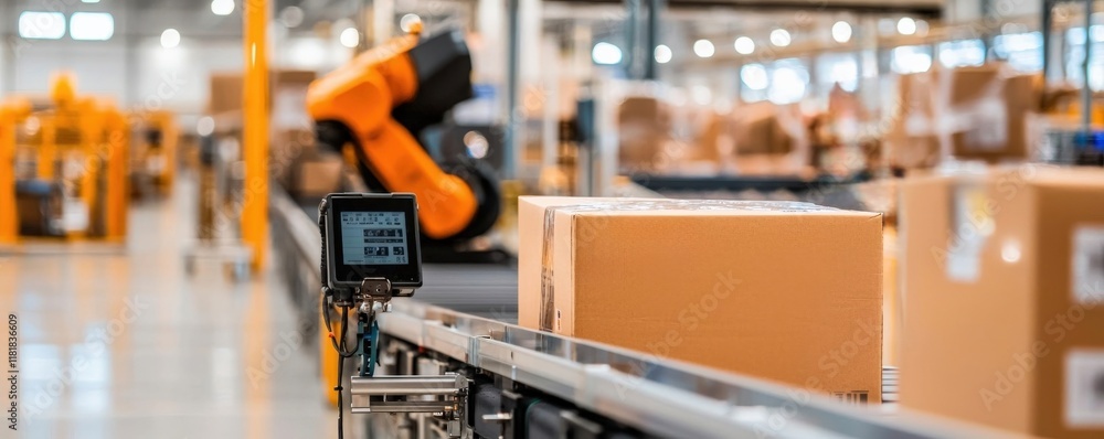 cargo management delivery optimization concept. Automated conveyor system with boxes and robotic arm in a modern warehouse setting. cargo management delivery optimization concept. Automated conveyor system with boxes and robotic arm in a modern warehouse setting.
