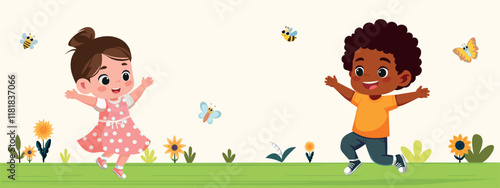 Kids Playing In Colorful Flowers