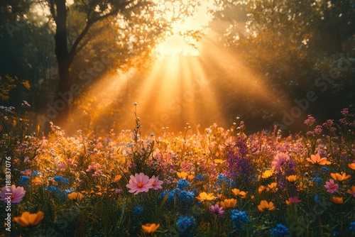 Fototapeta Naklejka Na Ścianę i Meble -  Vibrant wildflower meadow illuminated by golden sunlight in a serene forest setting during early morning hours