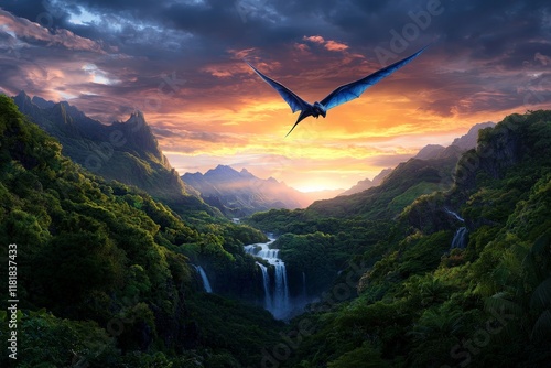 A Majestic Wyvern Soaring Above a Lush Serpentine Valley, Bathed in Radiant Sunset Light, with Waterfalls Flowing Through the Verdant Landscape photo