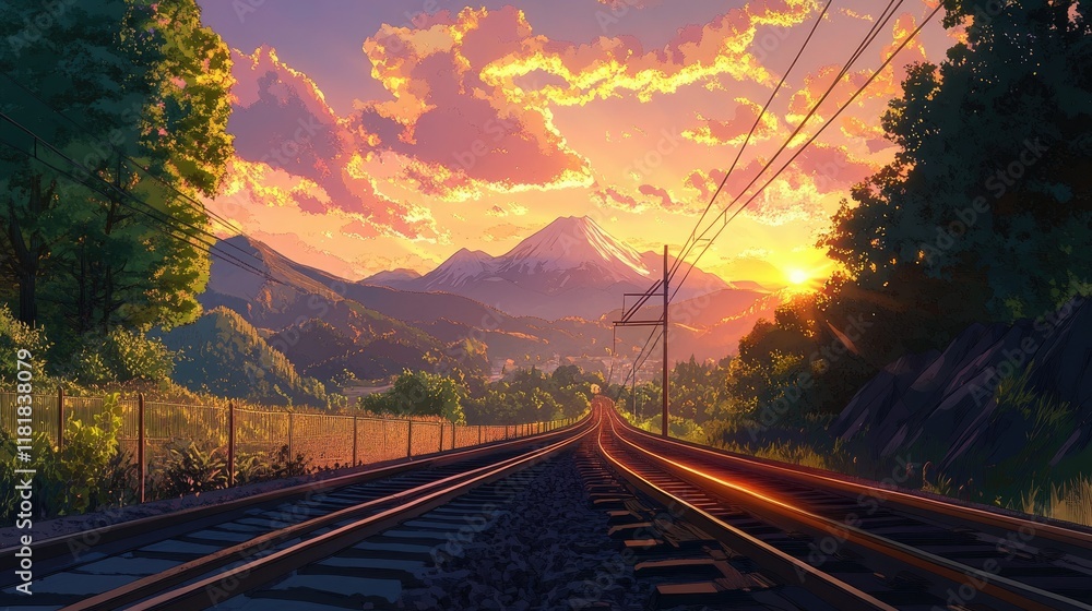 Fototapeta premium A train journey at golden hour, with vibrant skies reflecting off the tracks, lush green trees, and majestic mountains in the serene distance