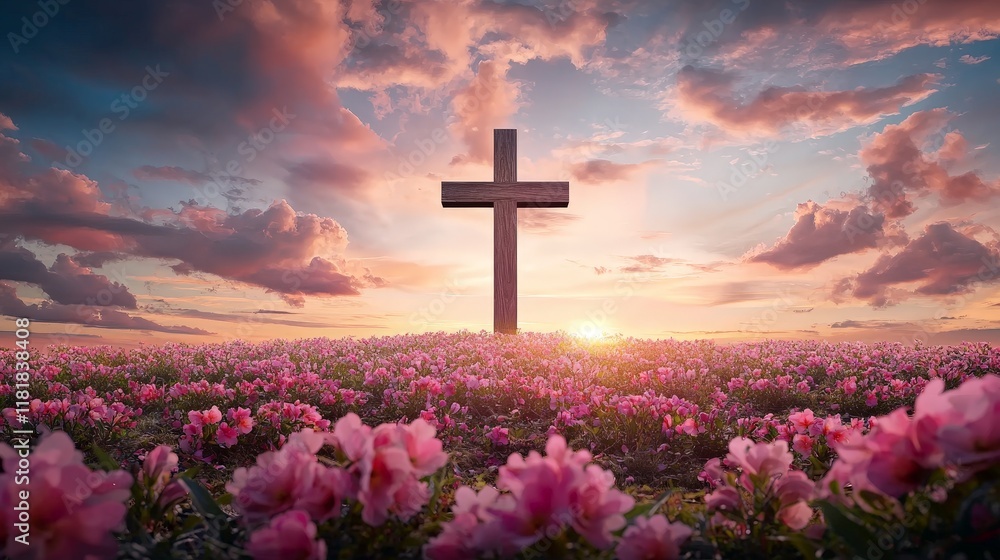 Stunning Wooden Cross Towering Over a Blooming Field of Flowers Under a Colorful Sunset Sky with Dramatic Clouds Stunning Wooden Cross Towering Over a Blooming Field of Flowers Under a Colorful Sunset Sky with Dramatic Clouds