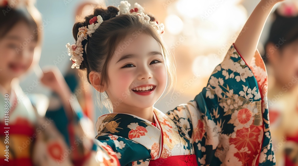 Smiling Japanese Girl in Vibrant Kimono Celebrating Bon Odori Festival with Joy and Tradition Smiling Japanese Girl in Vibrant Kimono Celebrating Bon Odori Festival with Joy and Tradition
