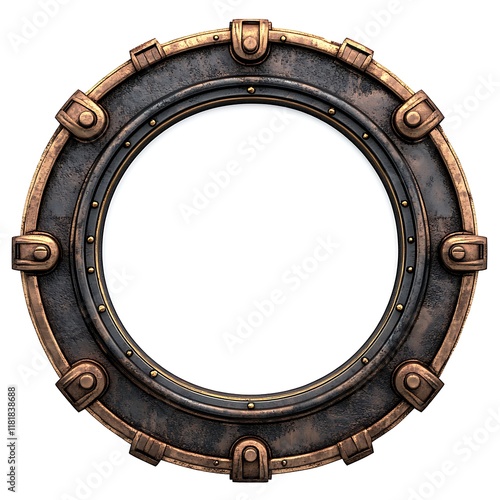 Round, metallic, steampunk porthole frame.