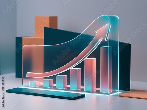 sleek and futuristic 3D illustration featuring a transparent, holographic chart displaying a smooth and upward-trending line graph