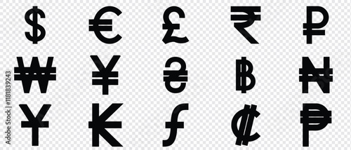 International currency symbol . Currency icon set. Dollar, Euro, Pound, Ruble, Rupee, Yen or Yuan, Franc, Bitcoin, Won, Renminbi and Turkish lira se. Money kind icons. Vector Illustration. 