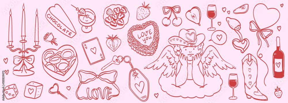 Cute elements decorated with coquette bows, ribbons and hearts. Cupid in cowboy hat, cherry, hearts, wine and cake. Elegant vintage angel on cloud. Hand drawn line art vector illustrations for wedding Cute elements decorated with coquette bows, ribbons and hearts. Cupid in cowboy hat, cherry, hearts, wine and cake. Elegant vintage angel on cloud. Hand drawn line art vector illustrations for wedding