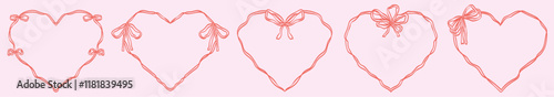 Heart frame with bow and ribbons. Hand Drawn red coquette borders for wedding invitations. Whimsical lace frames for birthday card design, valentine day holiday graphic decoration. Minimalist line art