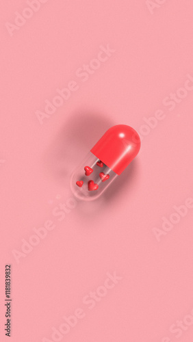 Vertical pink 3d background with capsule with hearts. Valentine day design. Social media stories template. 3D render wallpaper. 