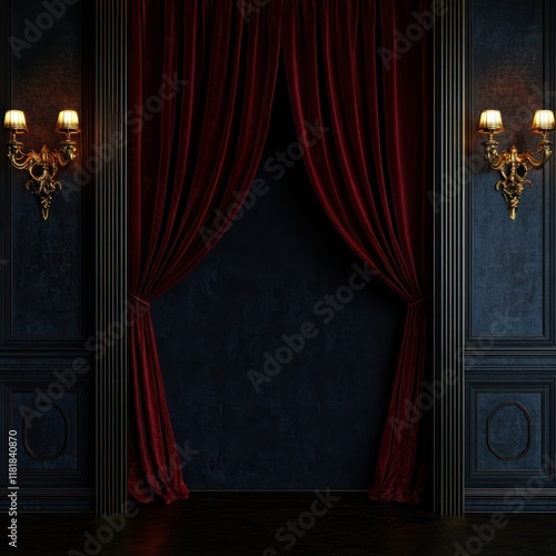 Dark Red Velvet Curtains Stage Room Interior Presentation photo