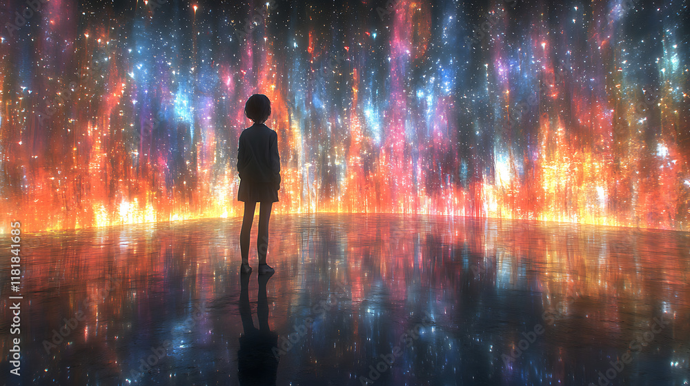 Obraz premium Surreal Journey Through an Infinite Space of Encountering Stunning Northern Lights and the Mystical Aurora Borealis in an Enchanted Universe