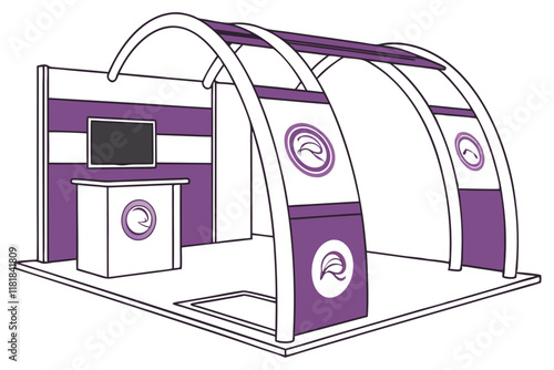 3D arched structure, exhibition booth design, purple and white color scheme, geometric shapes, circular logo placeholders, modern corporate branding, sleek minimalist style, reflective surface, gradie