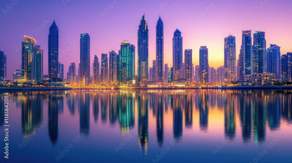 A vibrant urban skyline at dawn, skyscrapers illuminated by the rising sun with perfect water reflections A vibrant urban skyline at dawn, skyscrapers illuminated by the rising sun with perfect water reflections