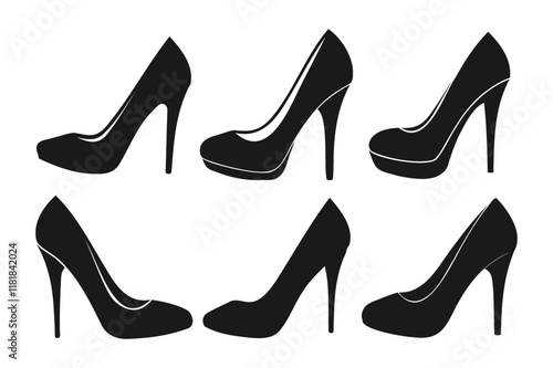 Collection of high heel silhouette on white  background, high heel silhouette bundle