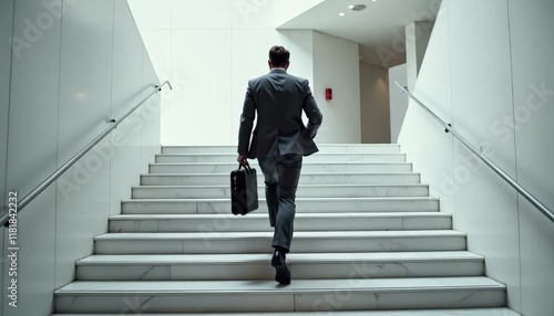 Businessman Climbing Stairs With Briefcase, Business Growth, Career Climb