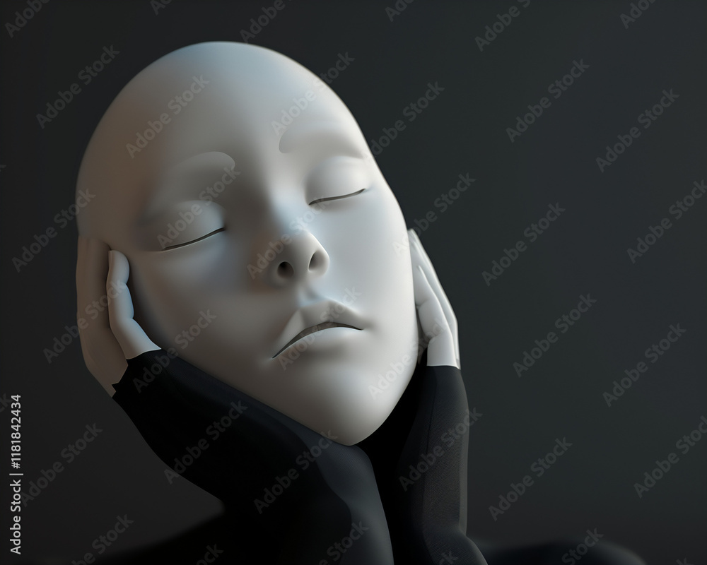 Minimalistic 3D Illustration of Emotionless Face in Contemplation, Depicting Serenity and Stillness in Abstract Art Style Minimalistic 3D Illustration of Emotionless Face in Contemplation, Depicting Serenity and Stillness in Abstract Art Style