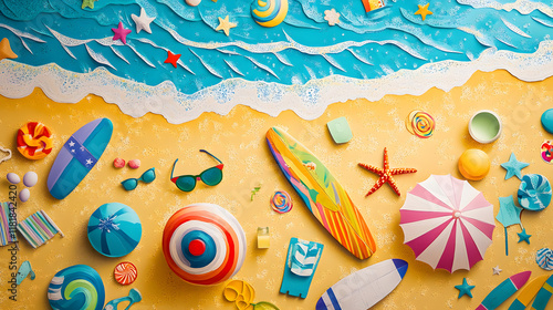 Top View of Summer Beach with Umbrellas, Balls, Swim Ring, Sunglasses, and Accessories in Paper Craft Style. photo