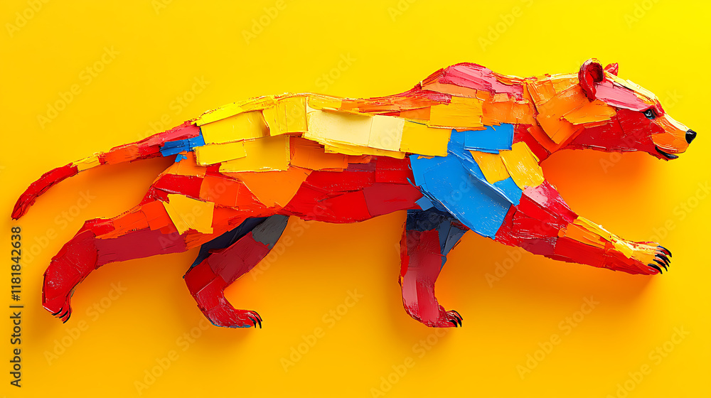 Fototapeta premium Vibrant Abstract Bear Sculpture Crafted from Colorful Pieces on a Bright Yellow Background, Showcasing Artistic Creativity and Unique Design Elements