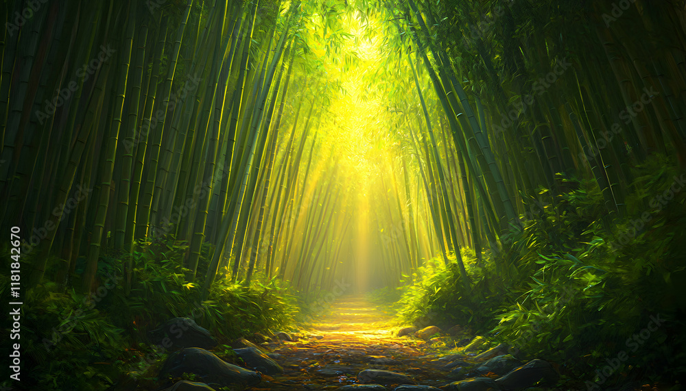 Fototapeta premium Serene bamboo forest path bathed in sunlight, creating a mystical and peaceful atmosphere. Ideal for meditation, nature, and tranquility themes.