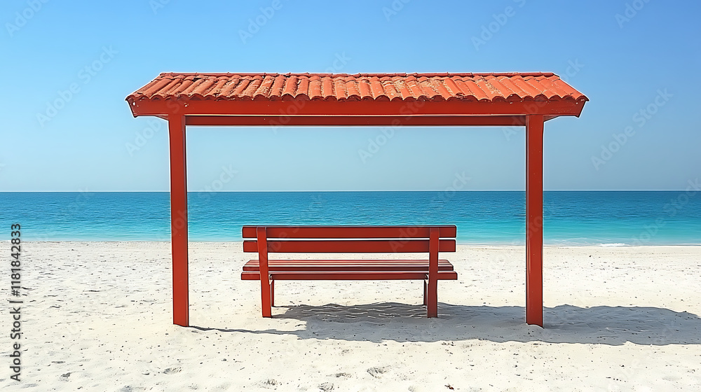 A Modernist Pavilion Overlooking the Beach with a Red Roof and Wooden Bench Perfect for Relaxation and Enjoyment of Coastal Scenery A Modernist Pavilion Overlooking the Beach with a Red Roof and Wooden Bench Perfect for Relaxation and Enjoyment of Coastal Scenery