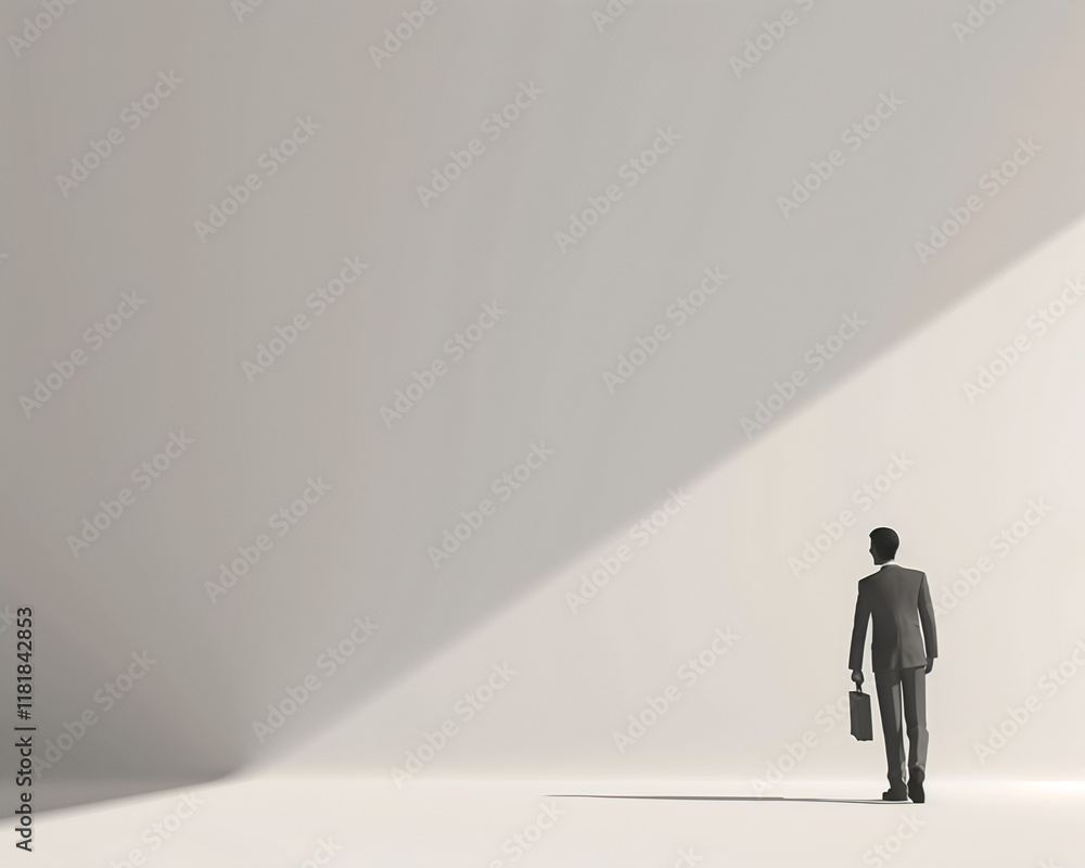 Minimalist Illustration of Businessman Walking into Light Symbolizing Vision and Success in Business World Minimalist Illustration of Businessman Walking into Light Symbolizing Vision and Success in Business World