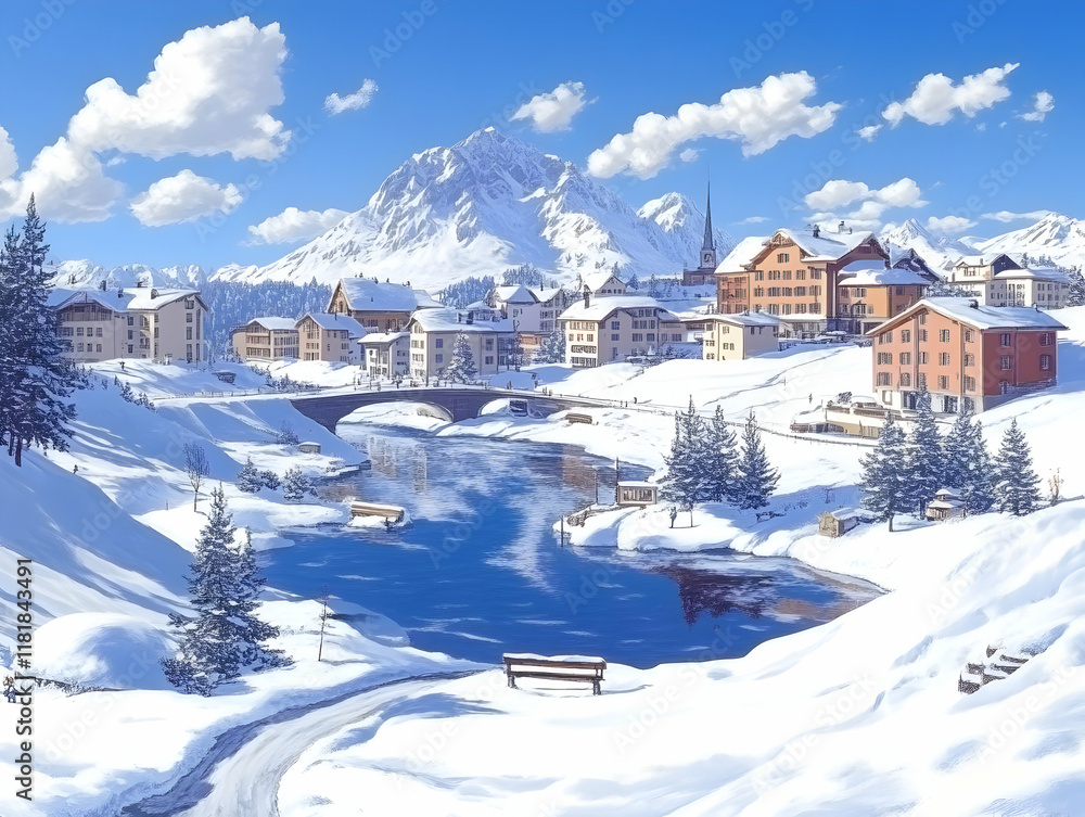 Fototapeta premium Snowy Village Winter Illustration