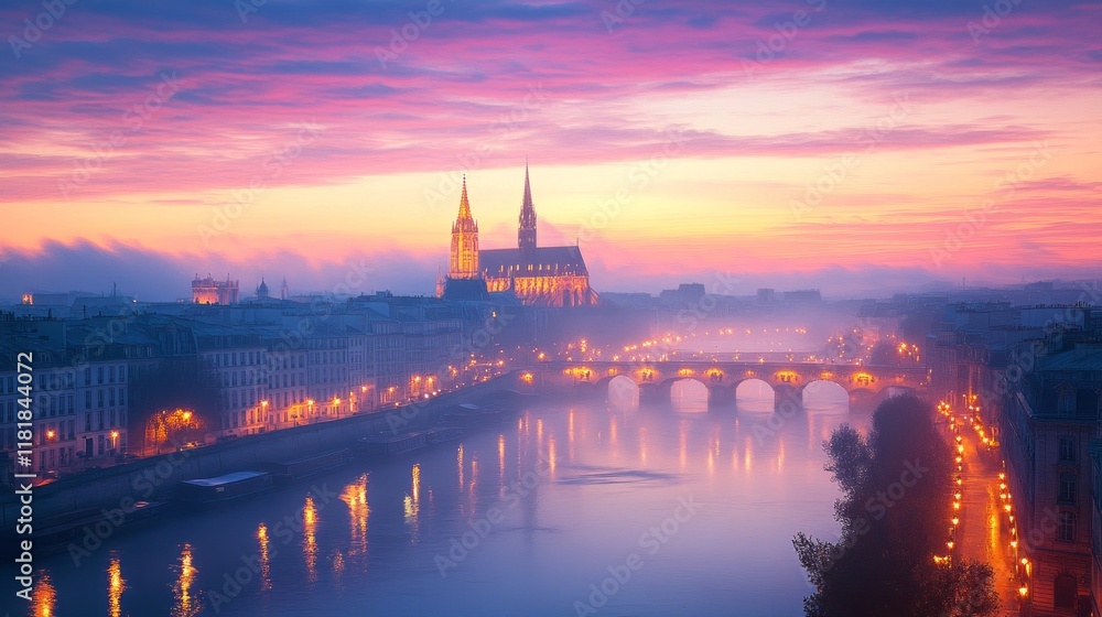 Obraz premium A serene valley enveloped in fog shows the first light of dawn breaking through, illuminating the ancient architecture and casting reflections in the smooth river below