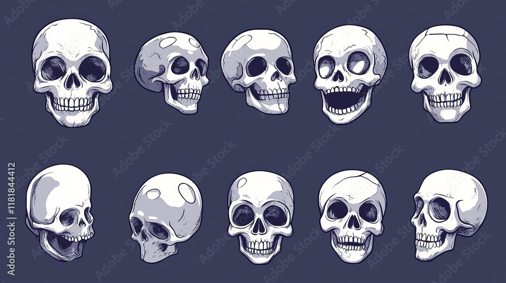 Cartoon Halloween skulls isolated on white background. Suitable for Halloween holiday or tattoo design Cartoon Halloween skulls isolated on white background. Suitable for Halloween holiday or tattoo design