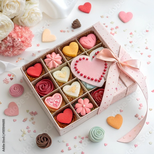 Valentine's Day chocolate box, heart-shaped confections, pastel colors, romantic gift, floral accents, candy hearts