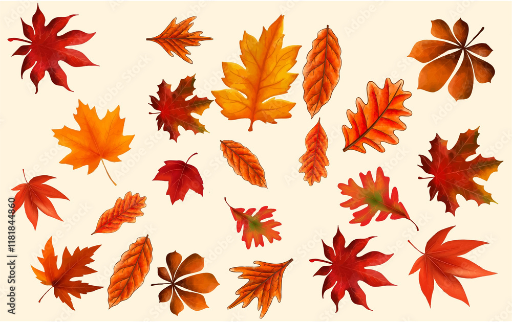 Capture the essence of summer with this stunning collection of leaves showcasing a vibrant palette of red, yellow, and orange hues Capture the essence of summer with this stunning collection of leaves showcasing a vibrant palette of red, yellow, and orange hues