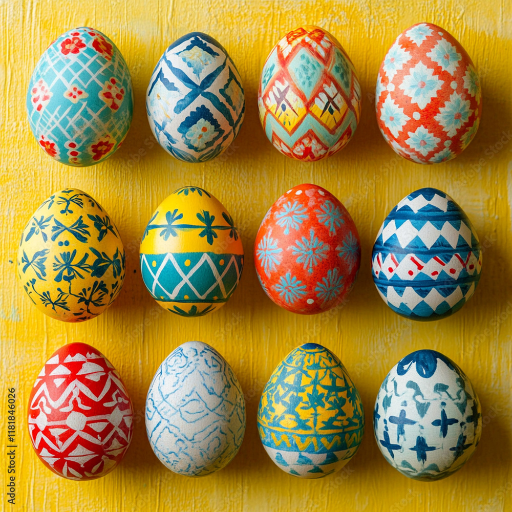 multicolored Easter eggs on the yellow background multicolored Easter eggs on the yellow background
