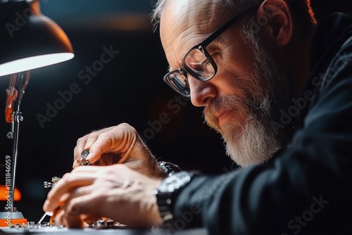 Expert craftsman restores vintage watch with precision in workshop photo