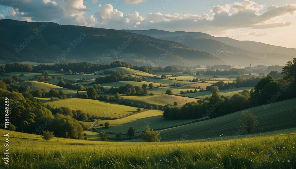 Obraz premium Tranquil Green Landscape with Blue Sky, flowers and Rolling Hills