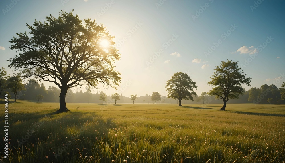 Fototapeta premium Tranquil Green Landscape with Blue Sky, flowers and Rolling Hills