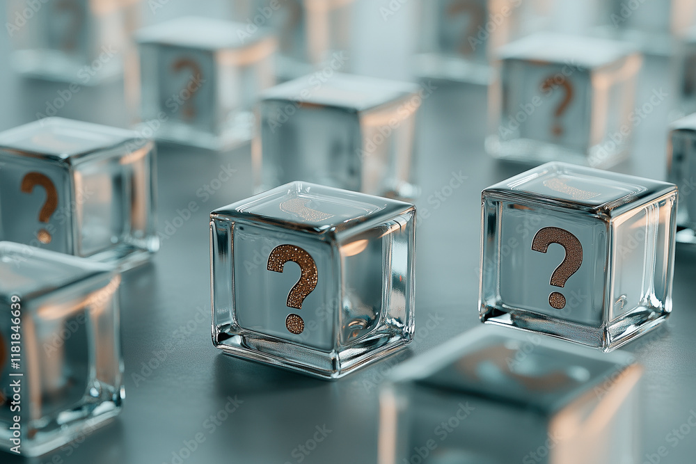 Multiple Glass Cubes with Gold Question Marks Multiple Glass Cubes with Gold Question Marks