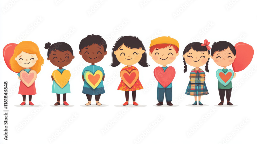 Funny heart shapes with multiethnic cartoon smiling boys and girls for family and friendship concept Funny heart shapes with multiethnic cartoon smiling boys and girls for family and friendship concept