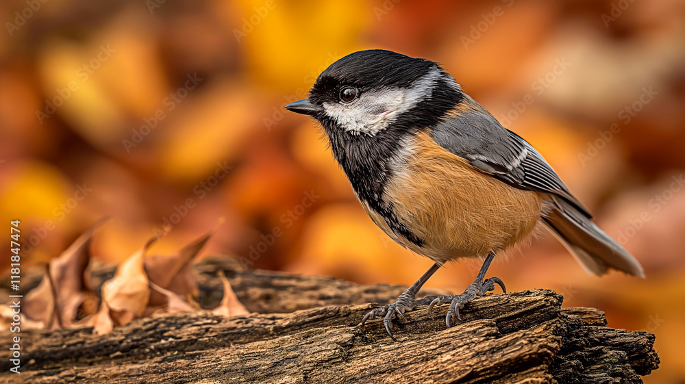 A small bird perches on a weathered log with a vibrant backdrop of autumn leaves. A small bird perches on a weathered log with a vibrant backdrop of autumn leaves.
