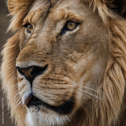 A close-up of a lion’s face with a completely white background.