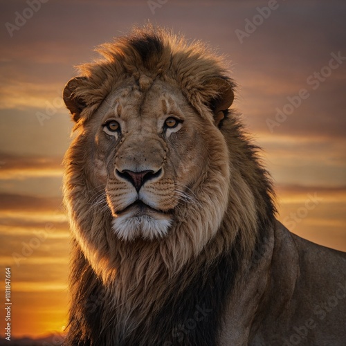 A lion silhouetted against a sunset with a minimal background.