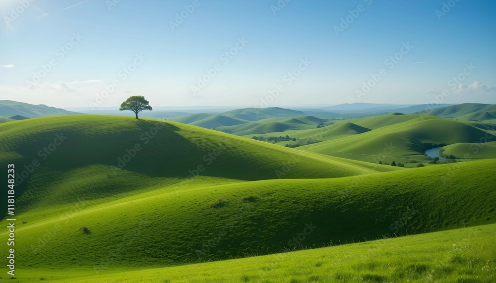 Tranquil Green Landscape with Blue Sky, flowers and Rolling Hills Tranquil Green Landscape with Blue Sky, flowers and Rolling Hills
