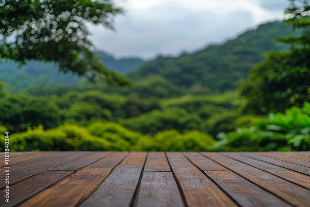 Wooden Deck Overlooking Lush Green Hills in a Scenic Nature Landscape Captured on a Cloudy Day for Serene Outdoor Ambience Wooden Deck Overlooking Lush Green Hills in a Scenic Nature Landscape Captured on a Cloudy Day for Serene Outdoor Ambience