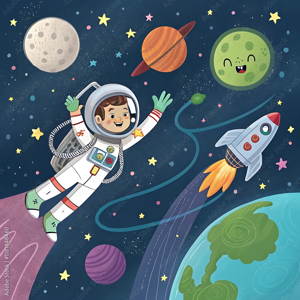 A young astronaut floating in space with a futuristic jetpack. Around them, planets of all shapes and colors, glowing nebulae, and a friendly alien waving from a small spaceship. The Earth is visible A young astronaut floating in space with a futuristic jetpack. Around them, planets of all shapes and colors, glowing nebulae, and a friendly alien waving from a small spaceship. The Earth is visible