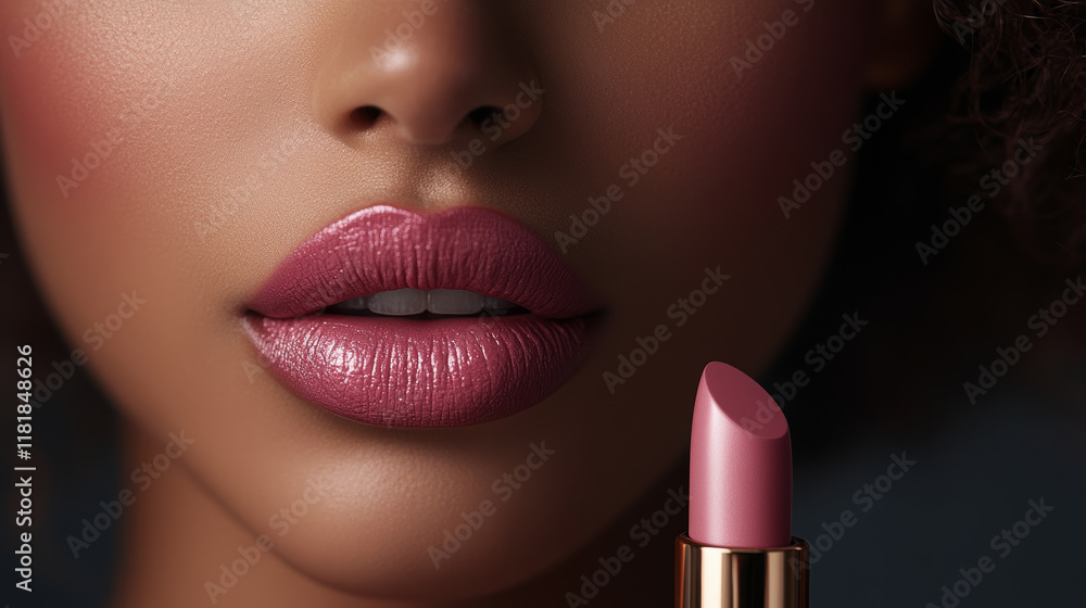 Obraz premium Luxurious makeup shot featuring radiant lips with pink lipstick, showcasing beauty and elegance. close up highlights smooth texture and shine of lips