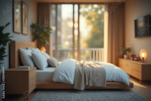 blurred view of light bedroom with cozy bed and folding screen. bokeh. abstract background